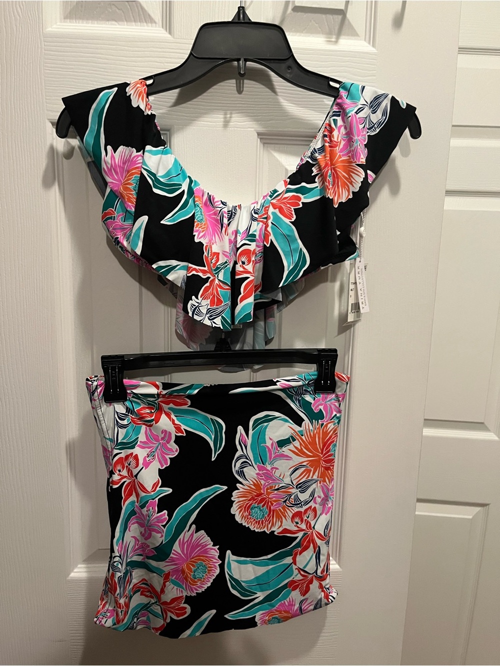 Trina Turk Black Floral Ruffle Bikini with Teal & Pink Accents